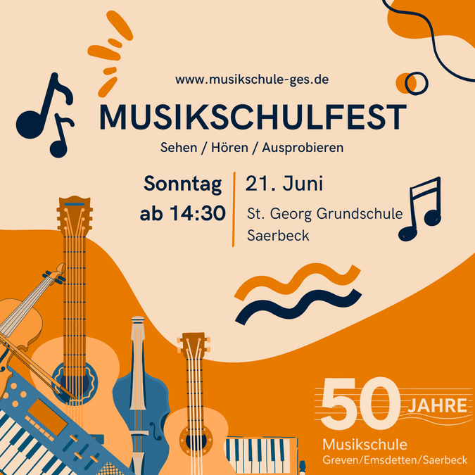 Plakat zum Musikschulfest 2026 am 21.06.2026 ab 14:30 in Saerbeck, Grundschule St. Georg